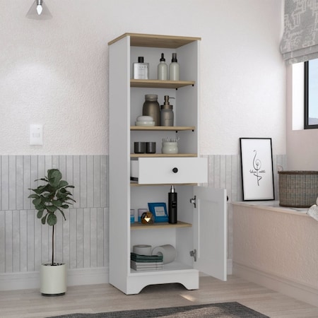 Tuhome St. Clair Linen Cabinet, Two Interior Shelves, Two Open Shelves, Single Door, Light Oak/White MDB7124